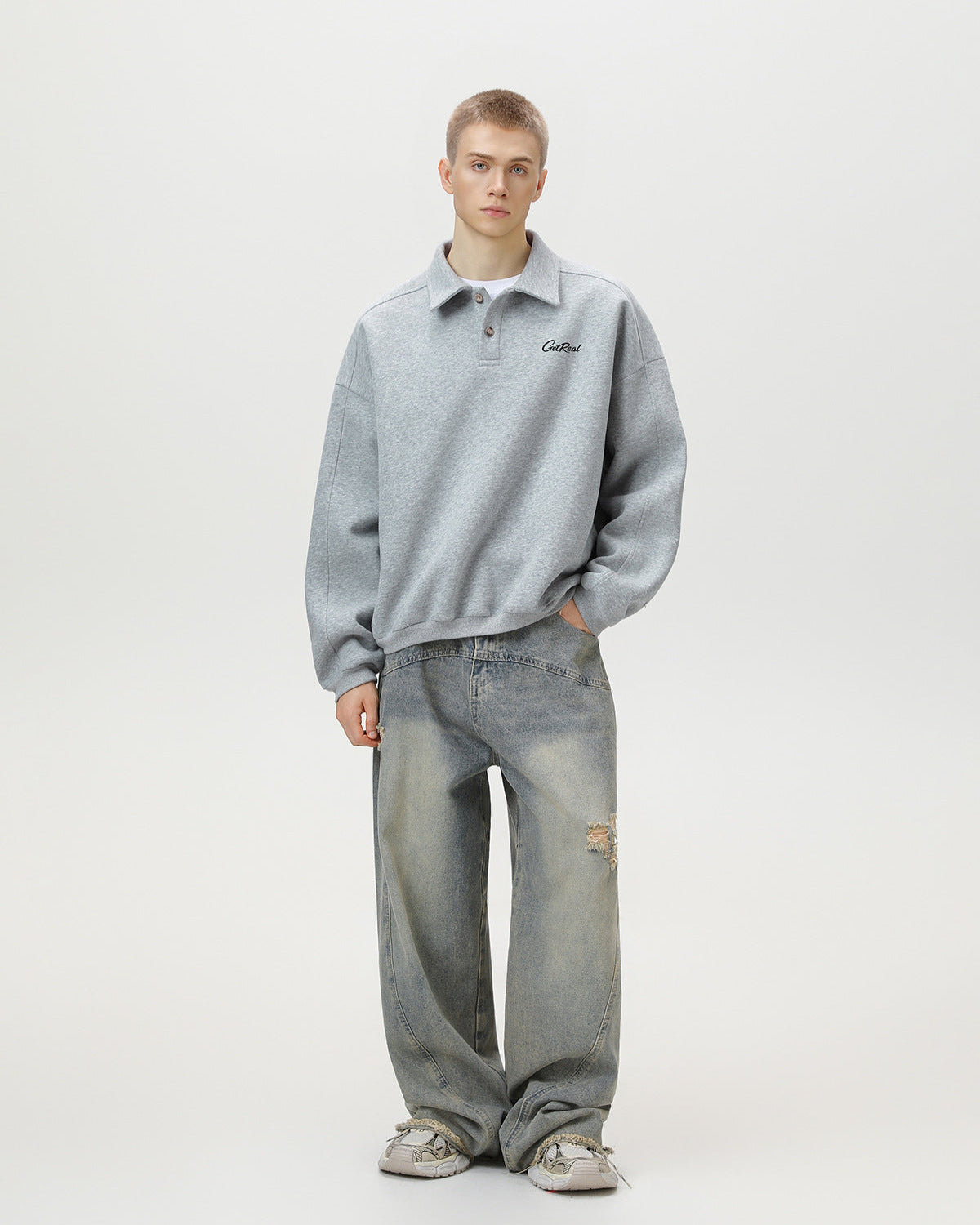 "Get Real" Oversized Embroidered Polo Sweatshirt
