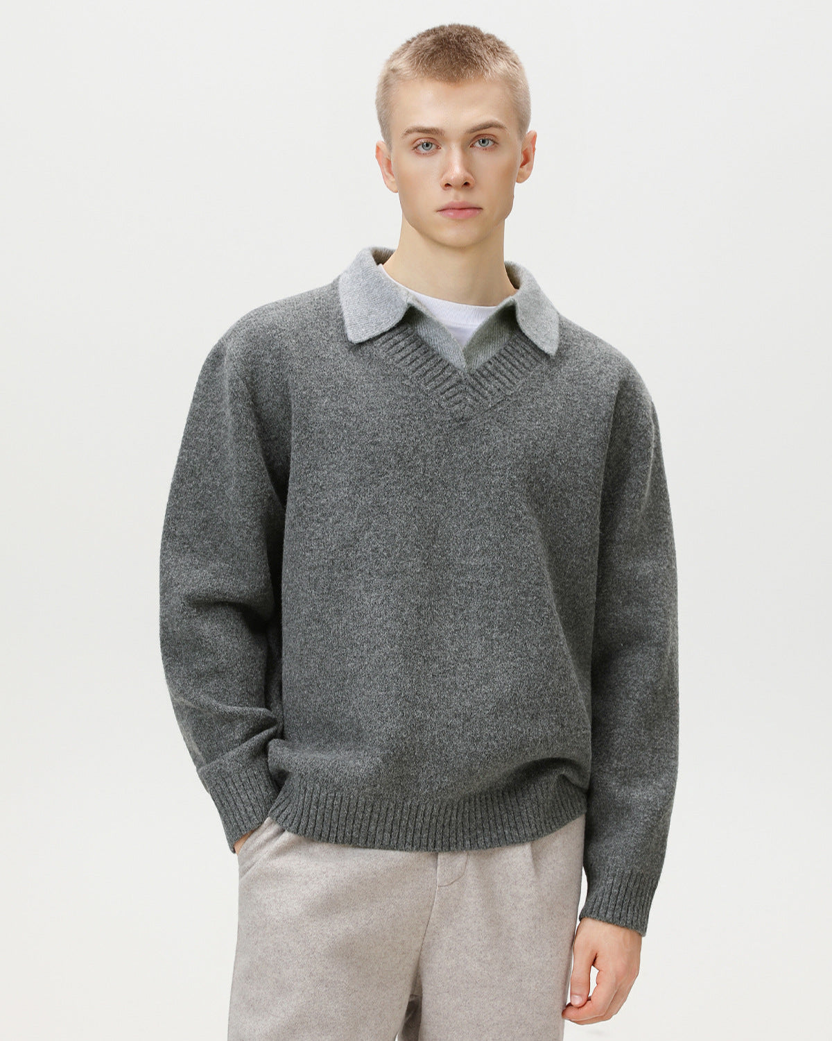 Wool Blend Collar V-Neck Knit