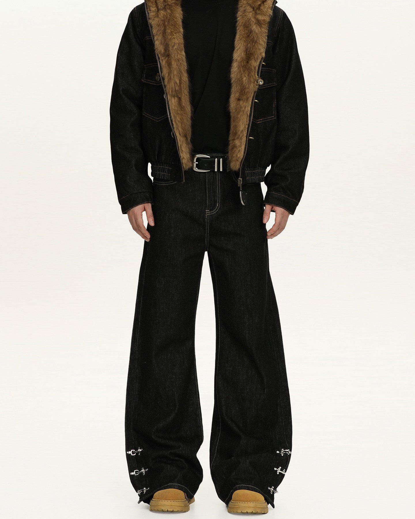 Raw Denim Buckle Wide Leg Jeans