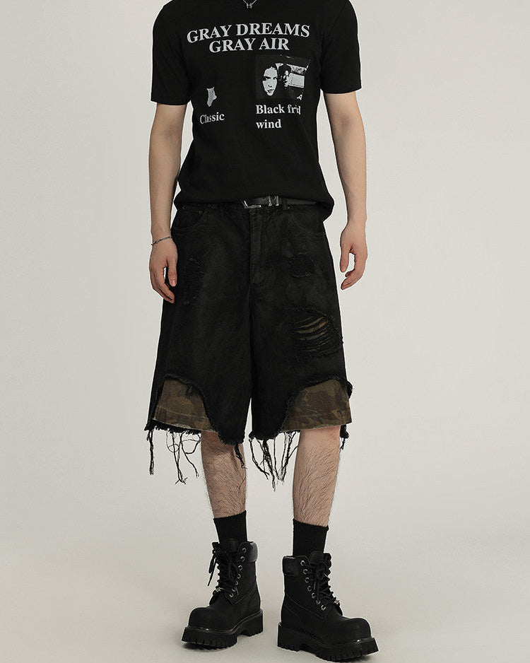 Distressed Black Denim Utility Shorts