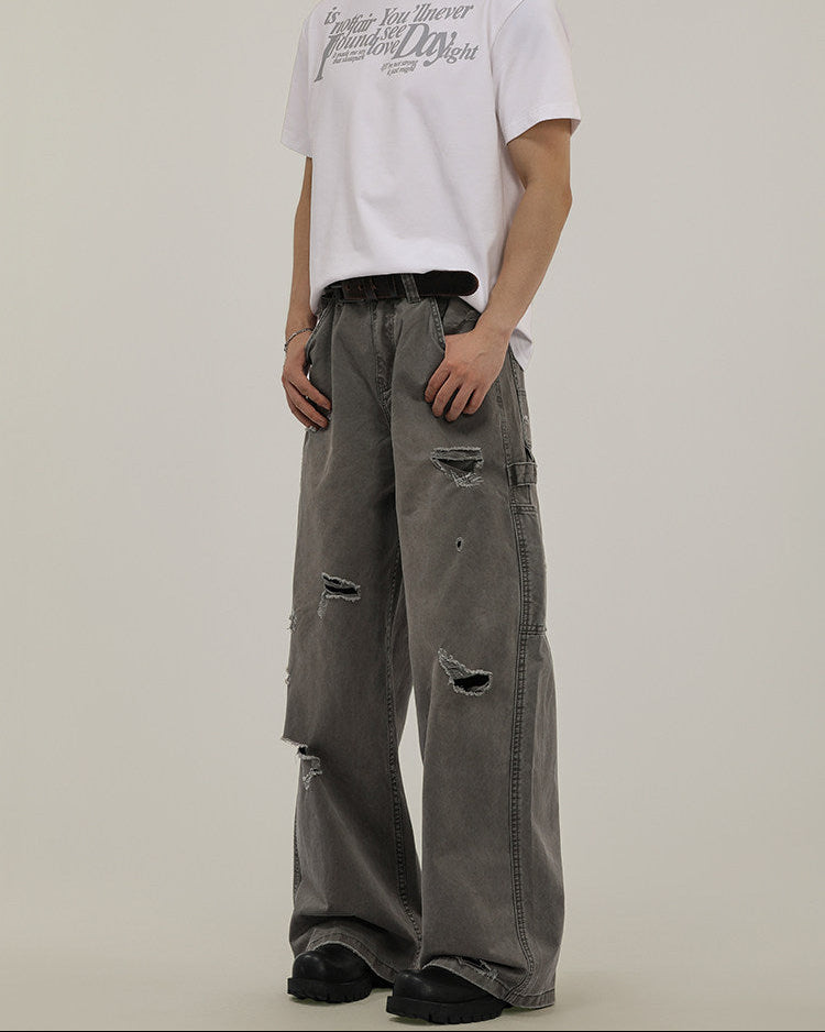 Washed Denim Ripped Cargo Jeans