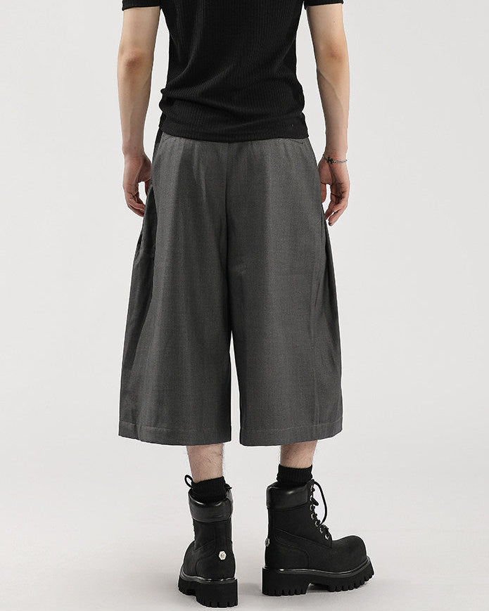 Wide-Leg Pleated Drape Capri Cropped Pants