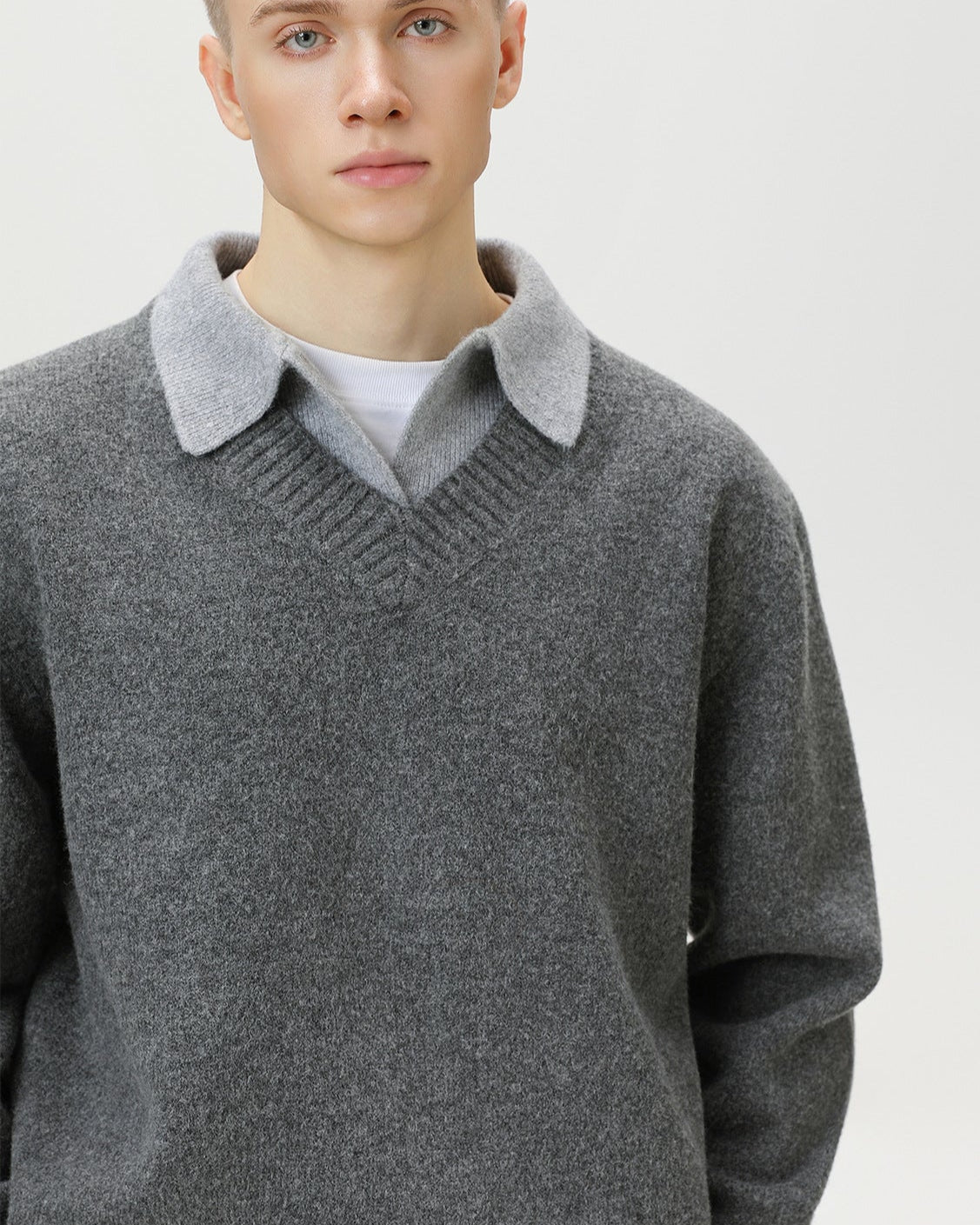Wool Blend Collar V-Neck Knit
