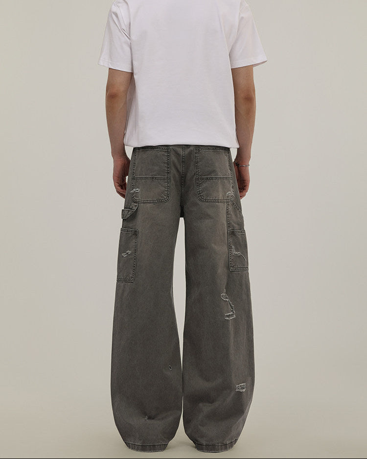 Washed Denim Ripped Cargo Jeans