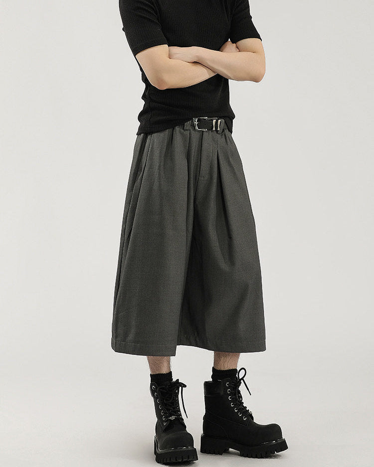 Wide-Leg Pleated Drape Capri Cropped Pants