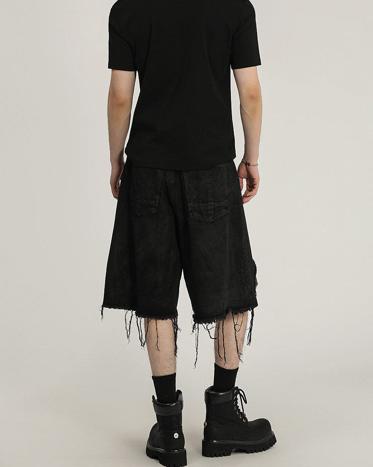 Distressed Black Denim Utility Shorts
