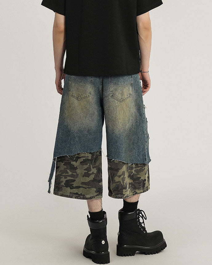 Patchwork Denim Camo Utility Shorts