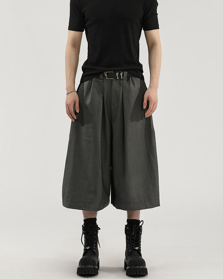 Wide-Leg Pleated Drape Capri Cropped Pants