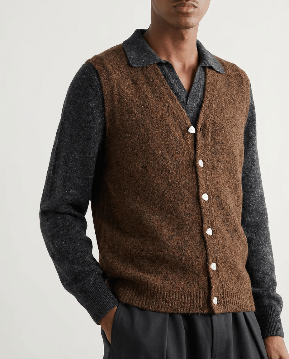 Wool Blend Textured Knit Button Sleeveless Vest