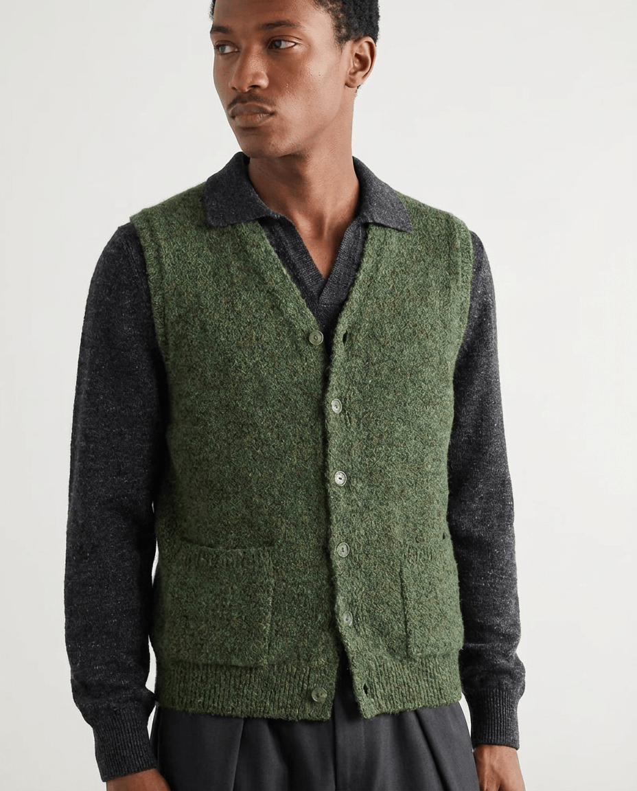 Wool Blend Textured Knit Button Sleeveless Vest
