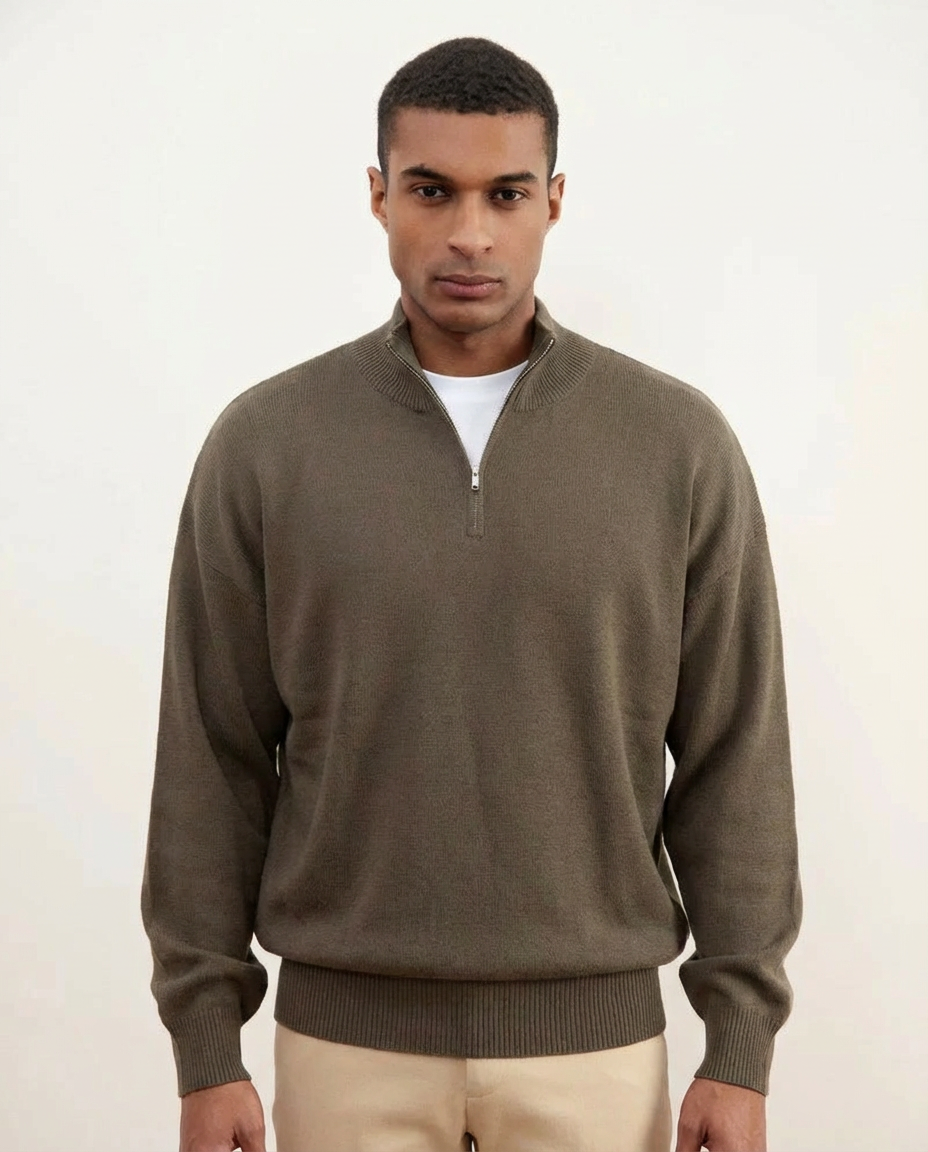 Taupe Merino Wool Half-Zip Sweater
