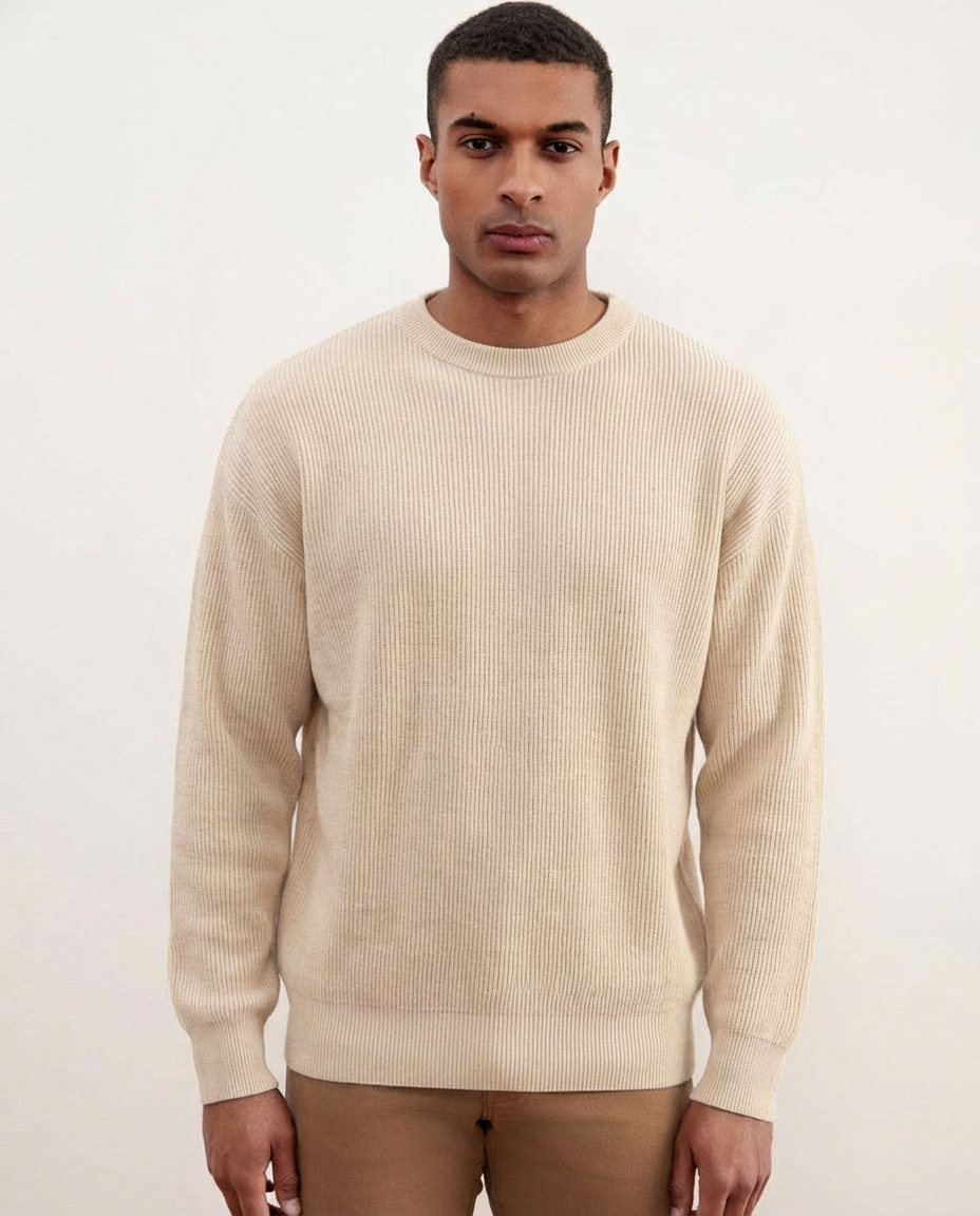 Beige Crewneck Malfilé English Rib Sweater