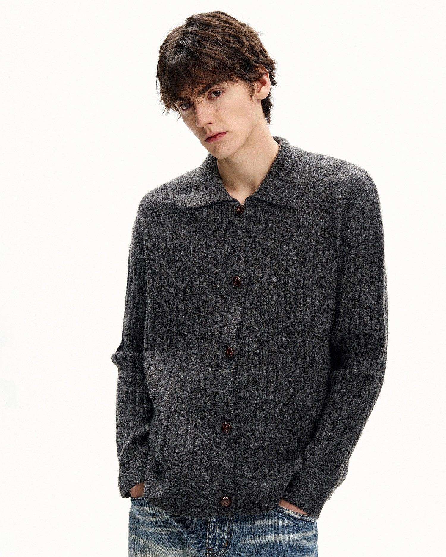 Buttoned Knit Wool Blend Cardigan