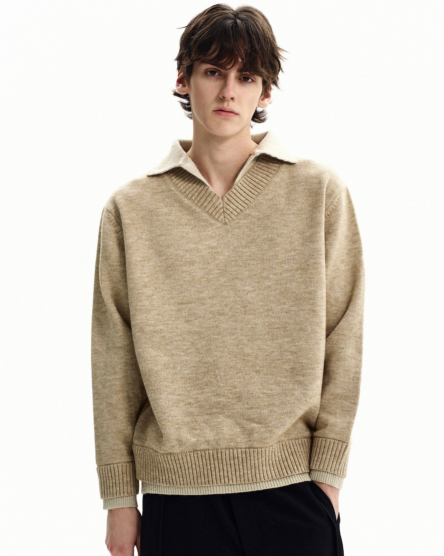 Collared V-Neck Merino Blend Knit Sweater