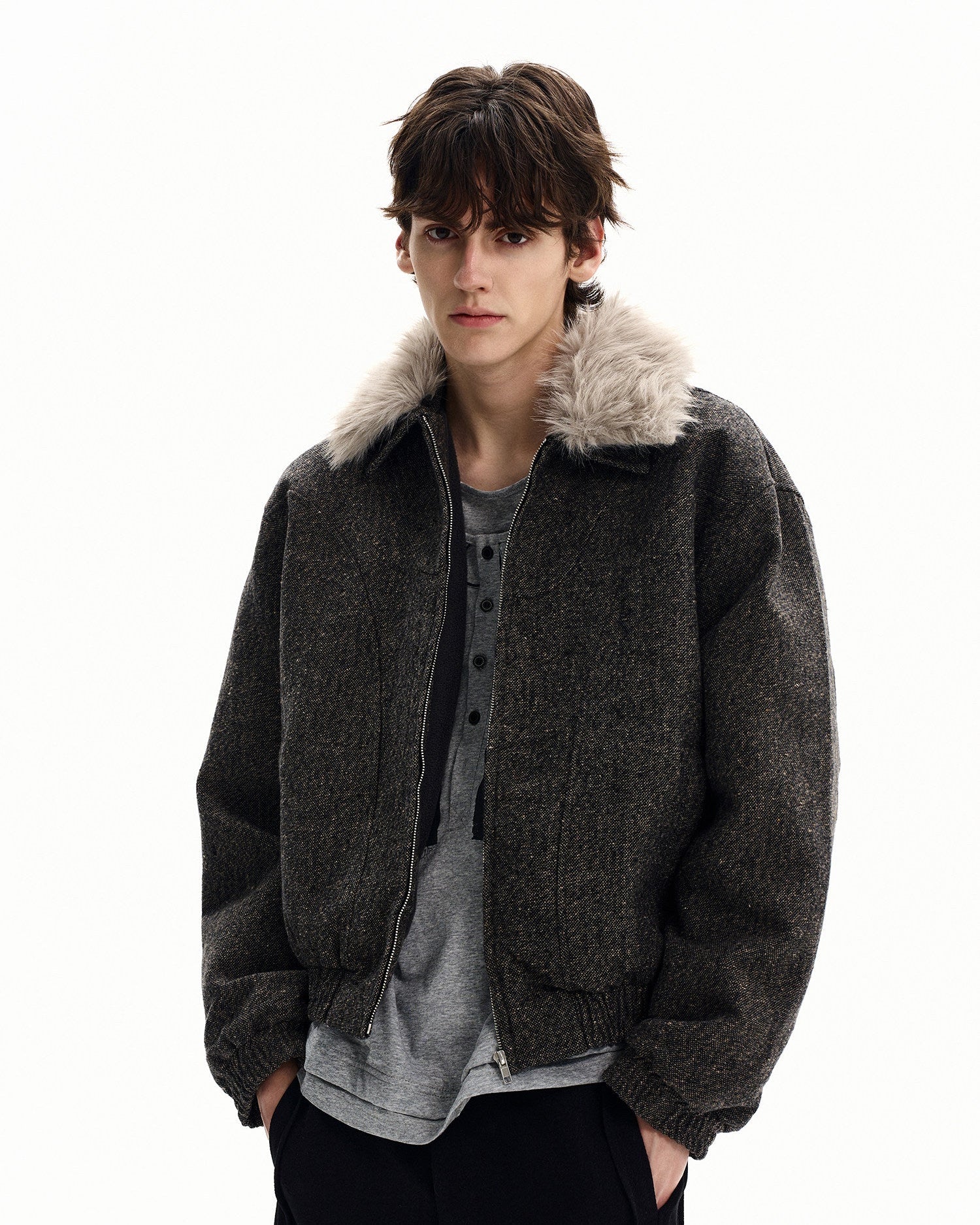 Wool-Blend Jacket with Faux Fur Collar