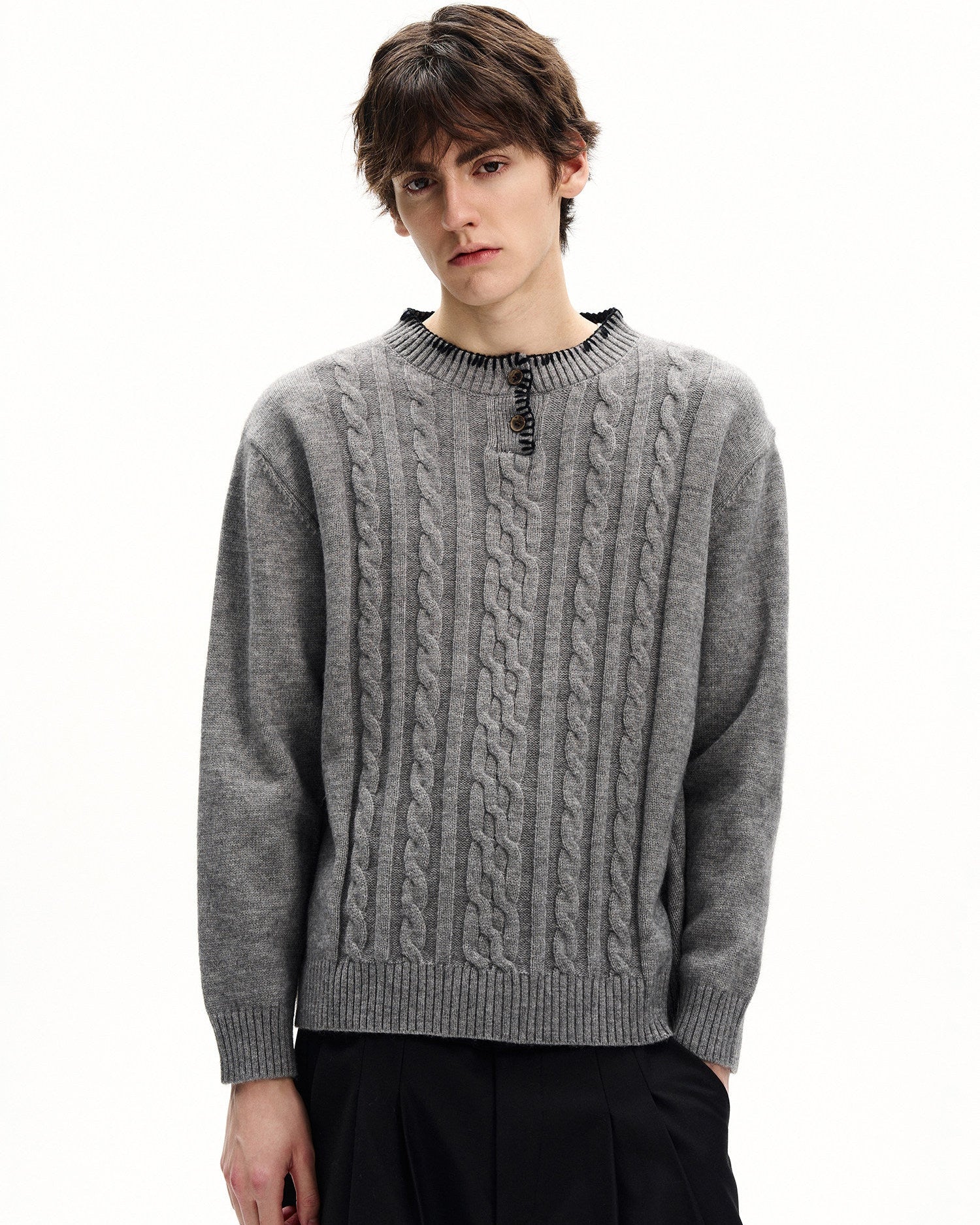 Cable Knit Wool Henley Sweater