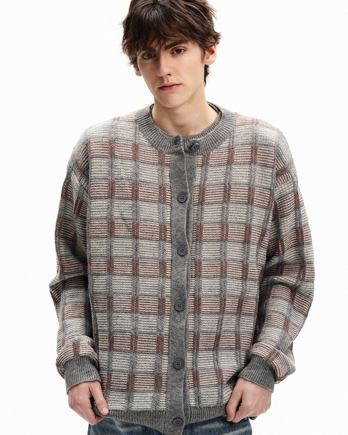 Checkered Wool Blend Cardigan