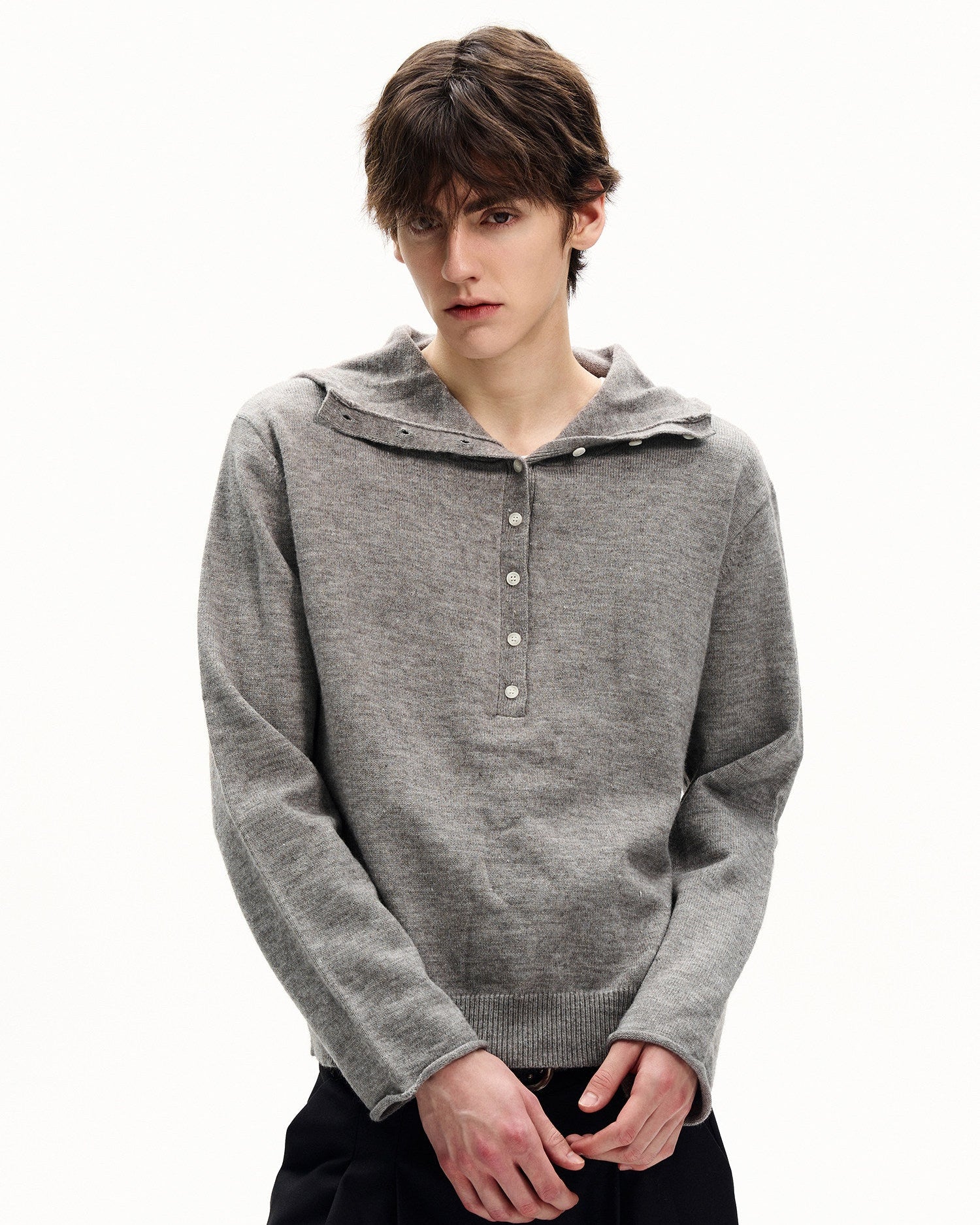 Heathered Knit Hooded Henley Sweater
