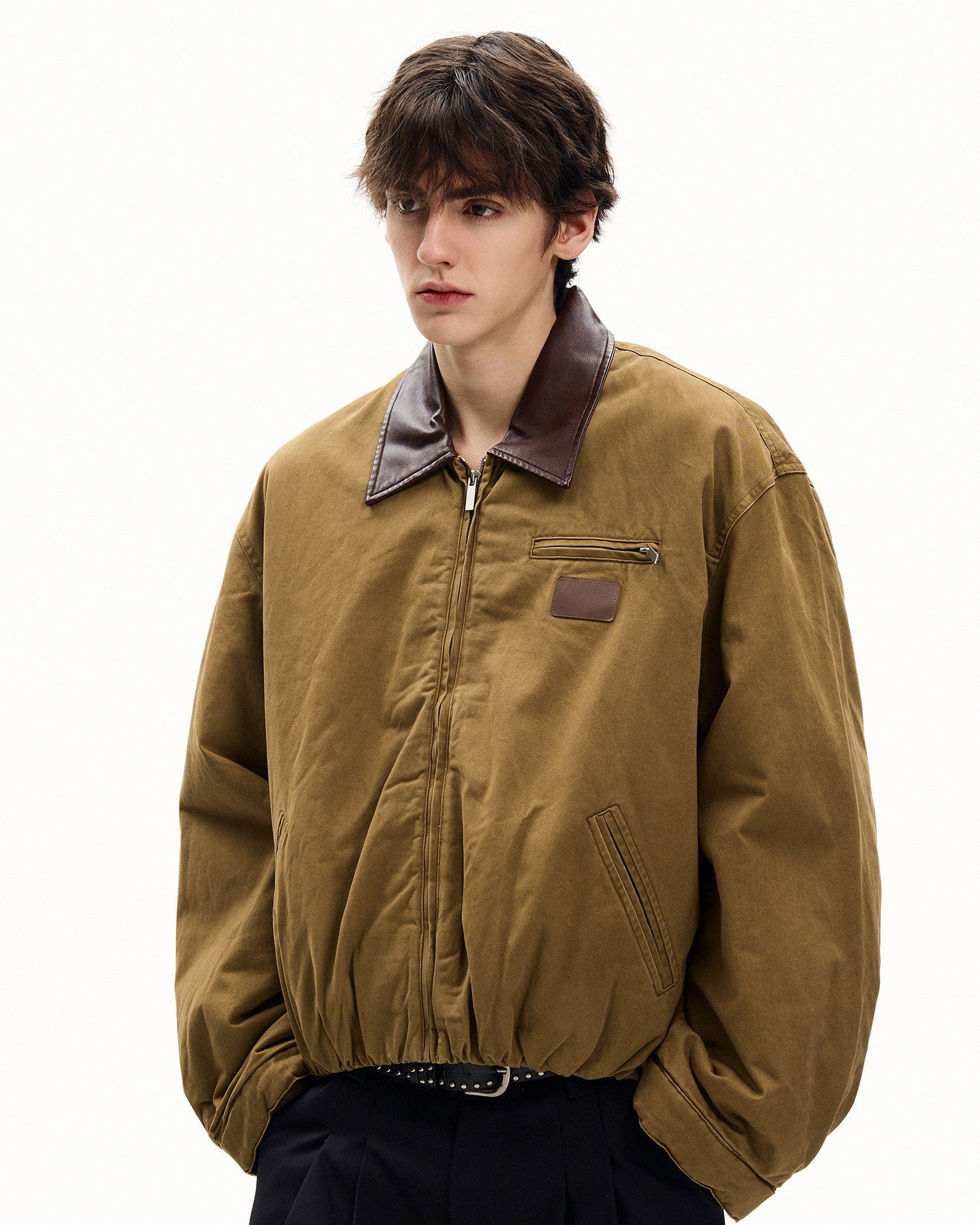 Cotton Canvas Leather Collar Jacket