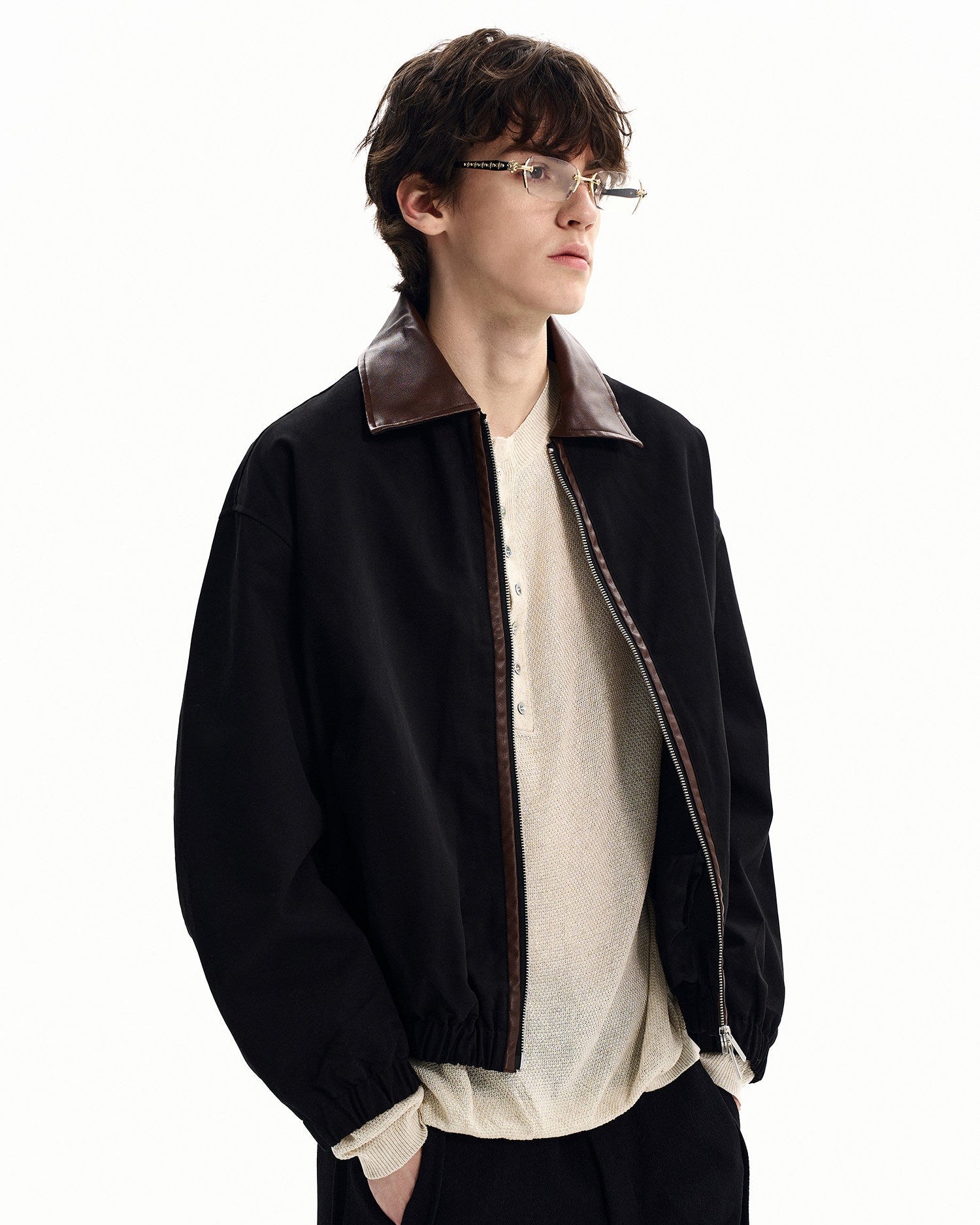 Cotton Twill Leather-Trim Jacket