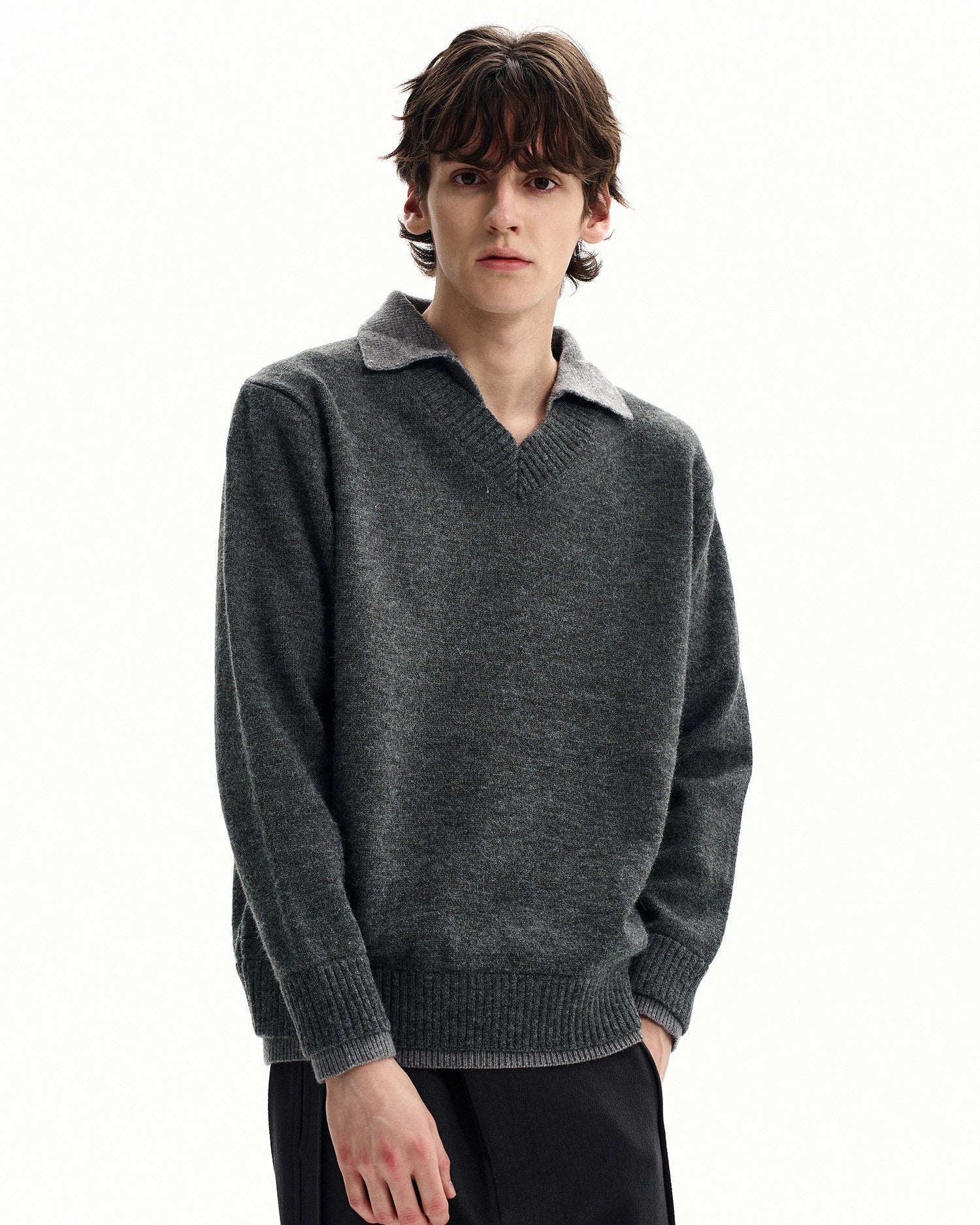 Collared V-Neck Merino Blend Knit Sweater