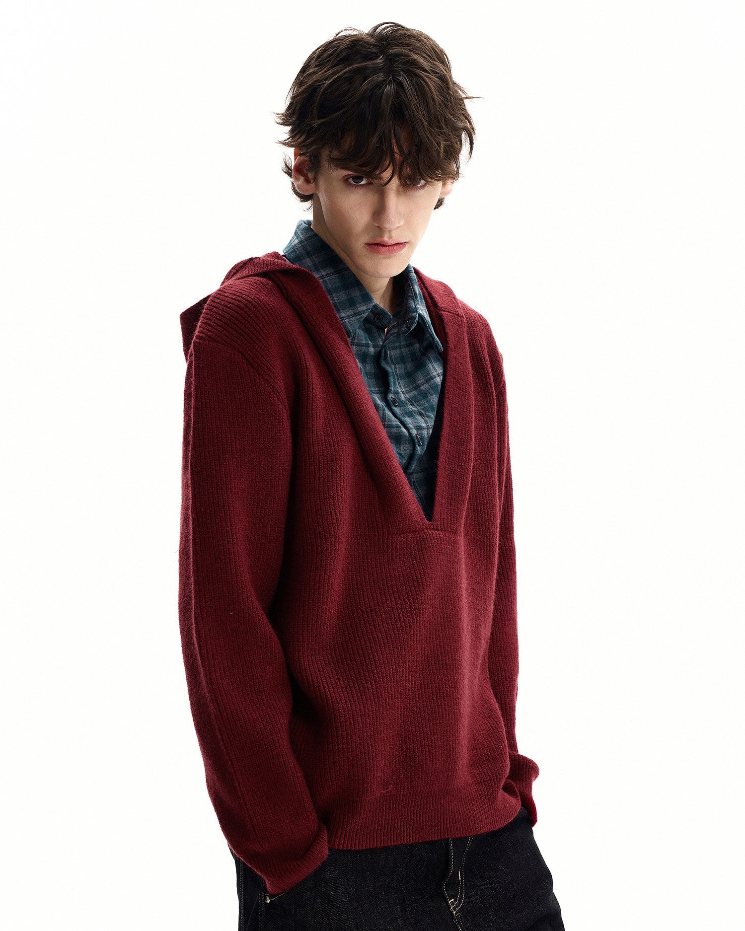 Plaid Insert Hooded Knit Sweater