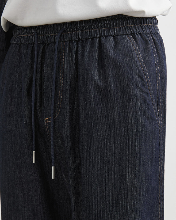 Relaxed Fit Dark Indigo Waistbang Drawstring Denim Trousers