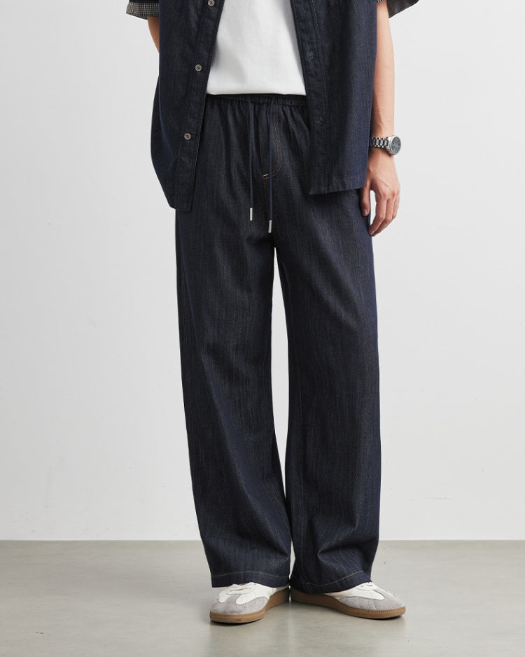 Relaxed Fit Dark Indigo Waistbang Drawstring Denim Trousers