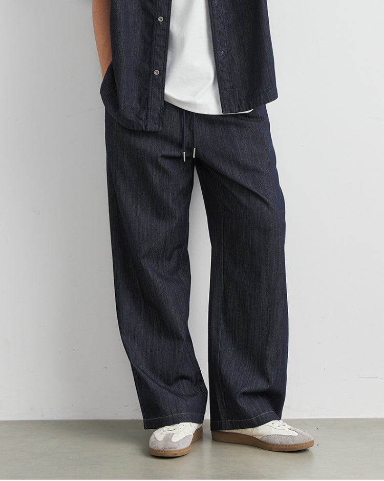 Relaxed Fit Dark Indigo Waistbang Drawstring Denim Trousers
