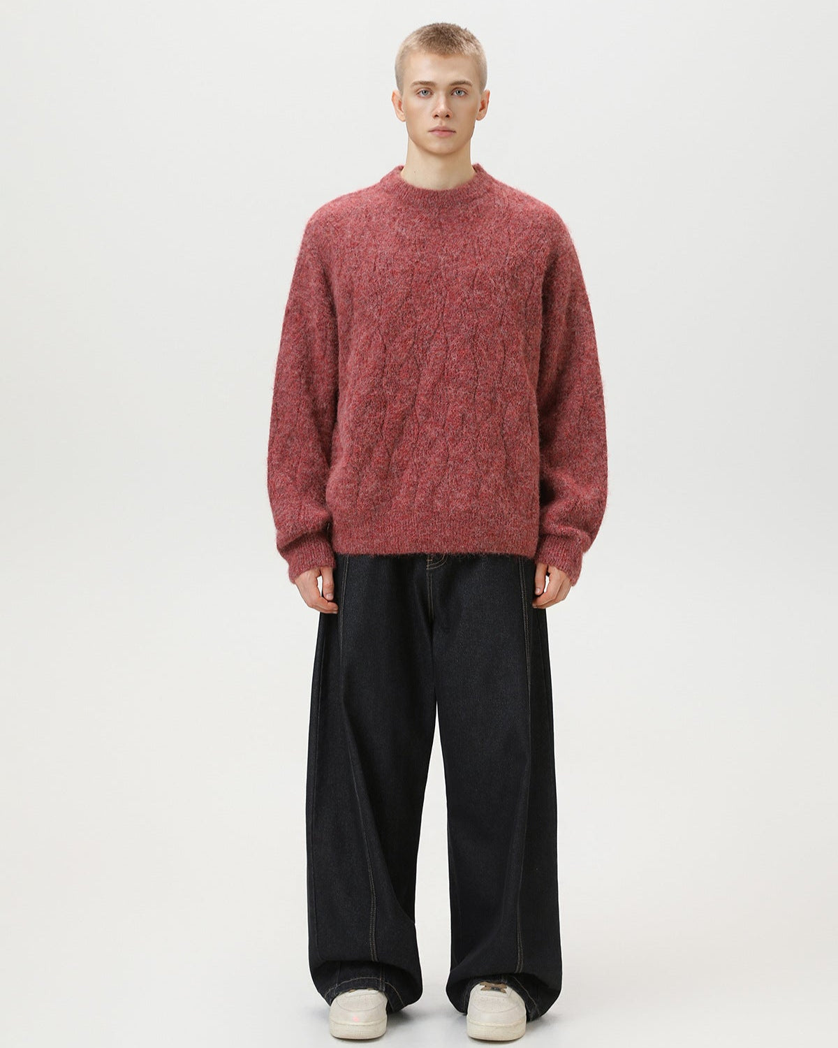 Oversized Cable-Knit Wool Blend Crewneck Sweater