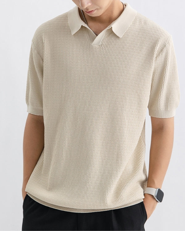 Textured Knit Open Polo Shirt