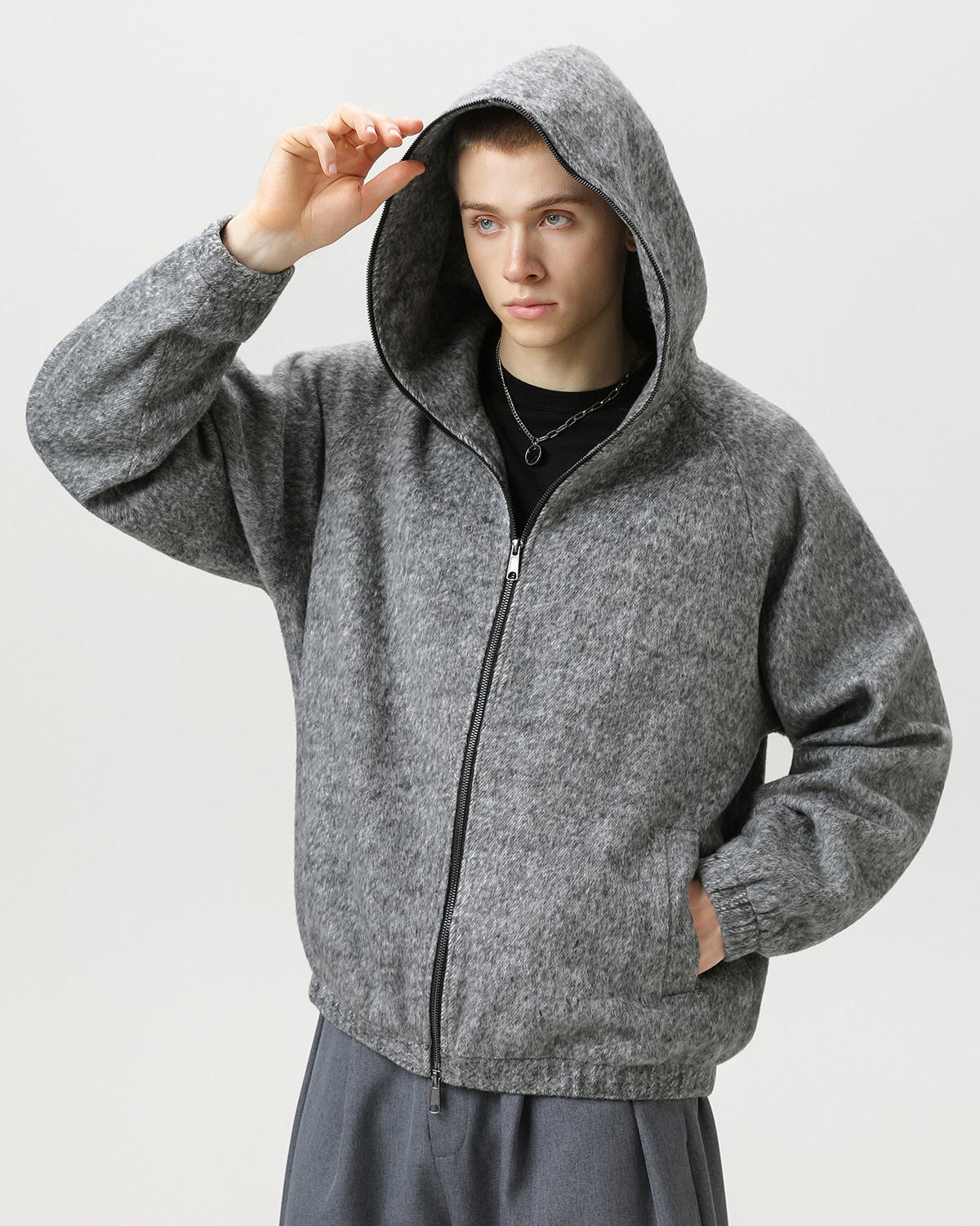 Wool Blend Hooded Zip Jacket