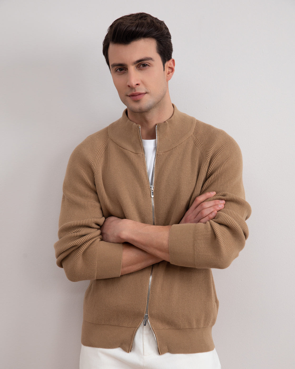 Tan English Rib Cardigan med fuld lynlås