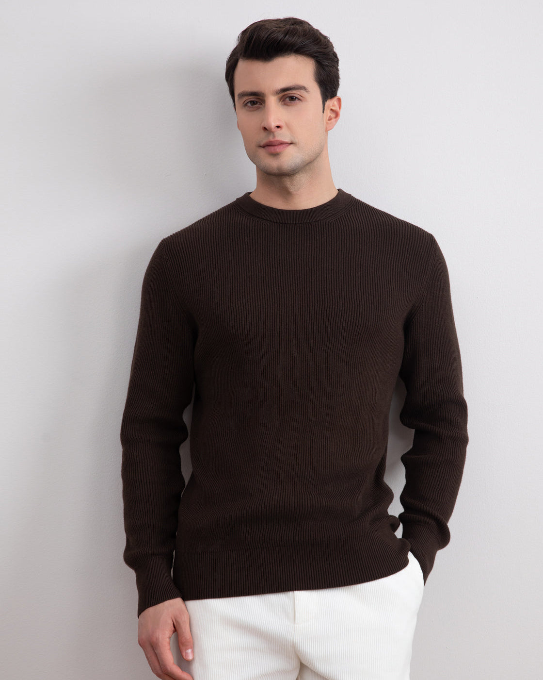 Mørkebrun Crewneck Malfilé English Rib Sweater