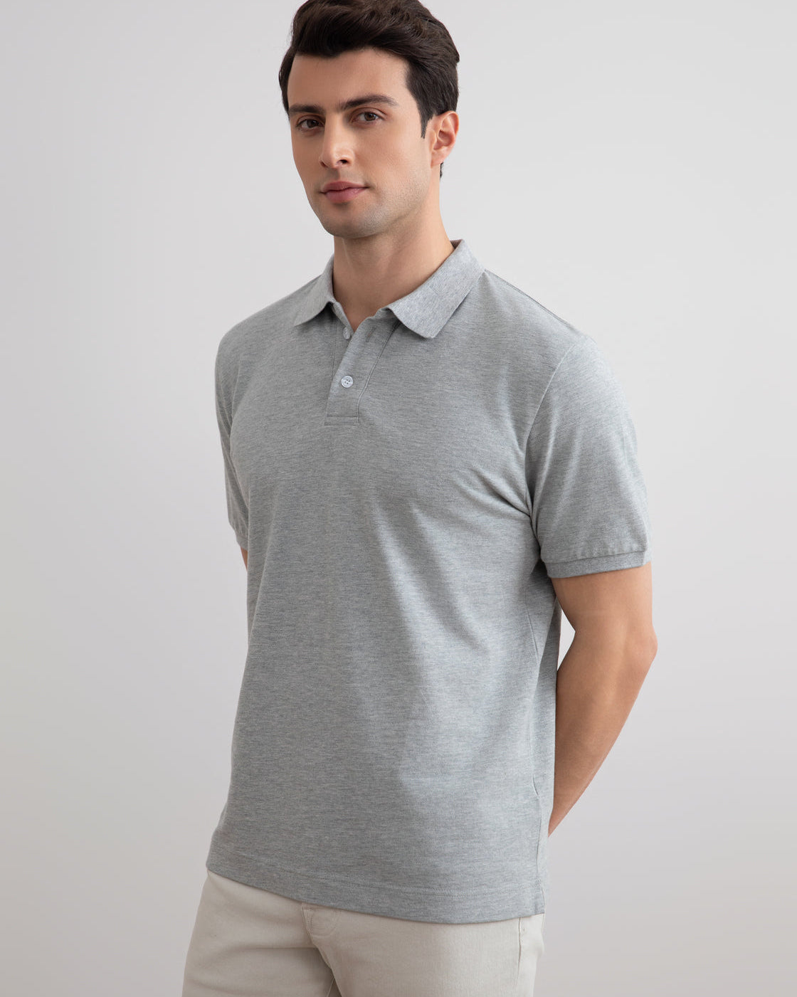 Grå meleret bomulds-piqué poloshirt
