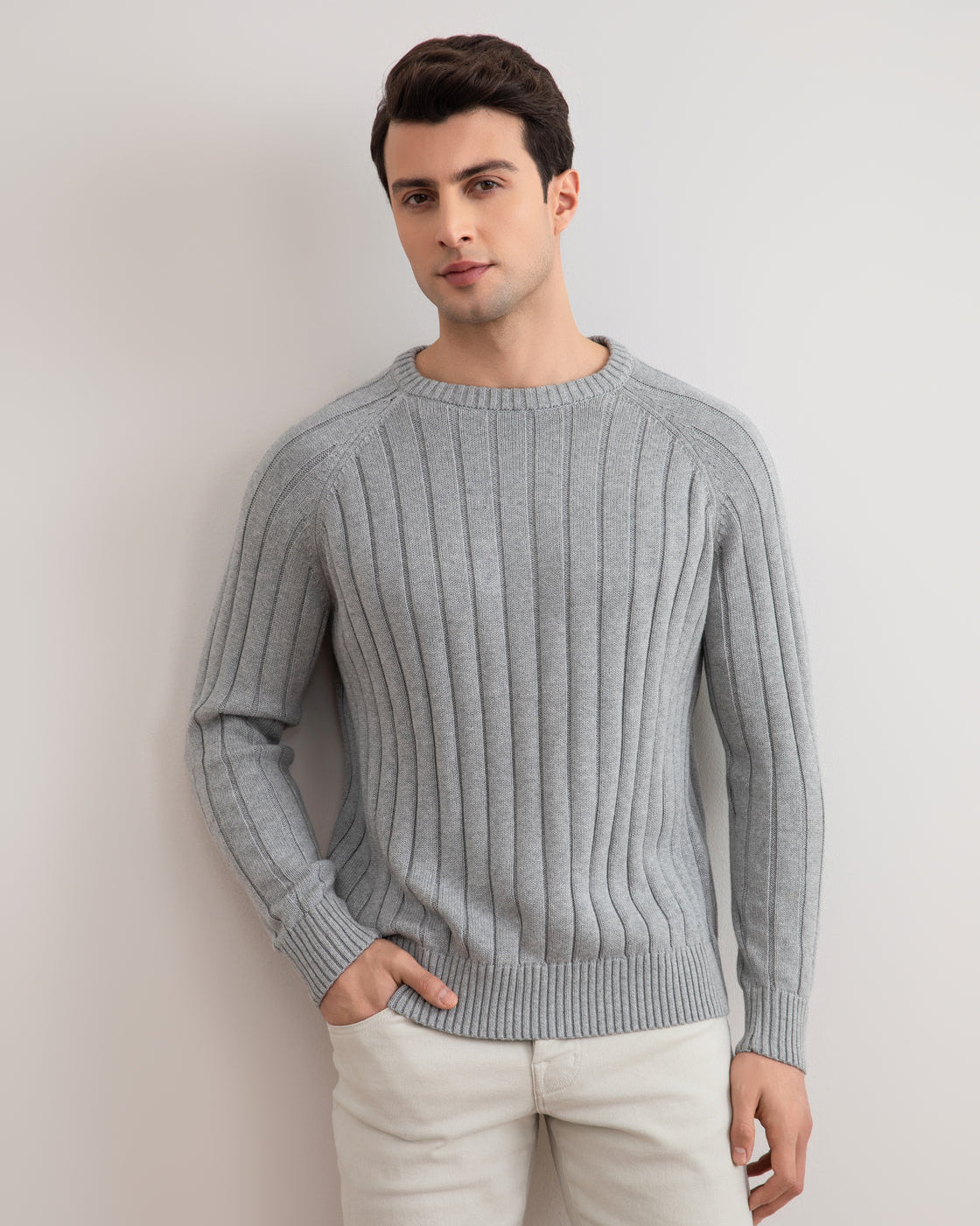 Grå Mélange Crewneck Ribstrikket sweater