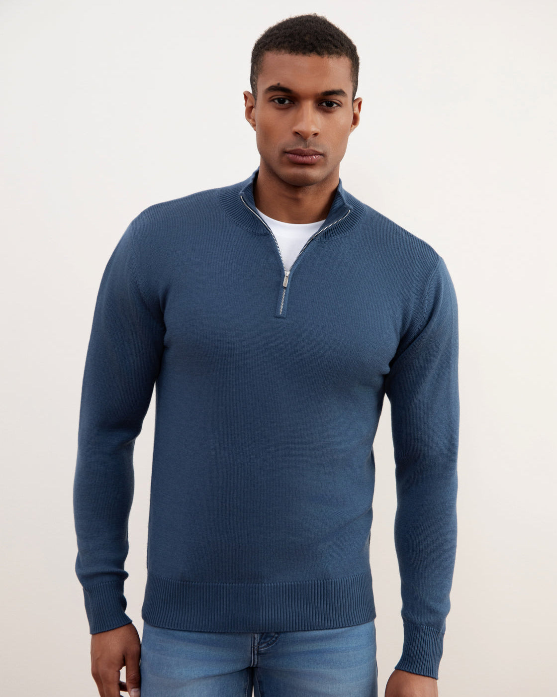 Blå merinould-sweater med halv lynlås