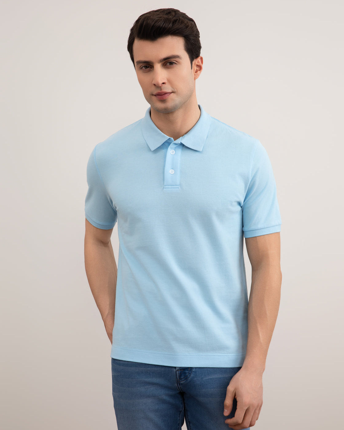 Oceanblå poloshirt i bomuldspiqué