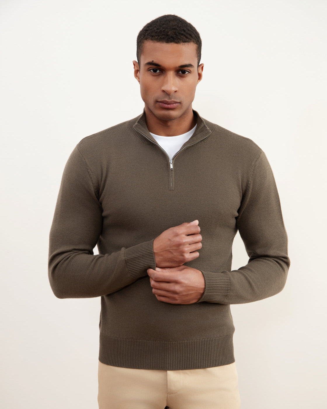 Taupe Merino uld sweater med halv lynlås
