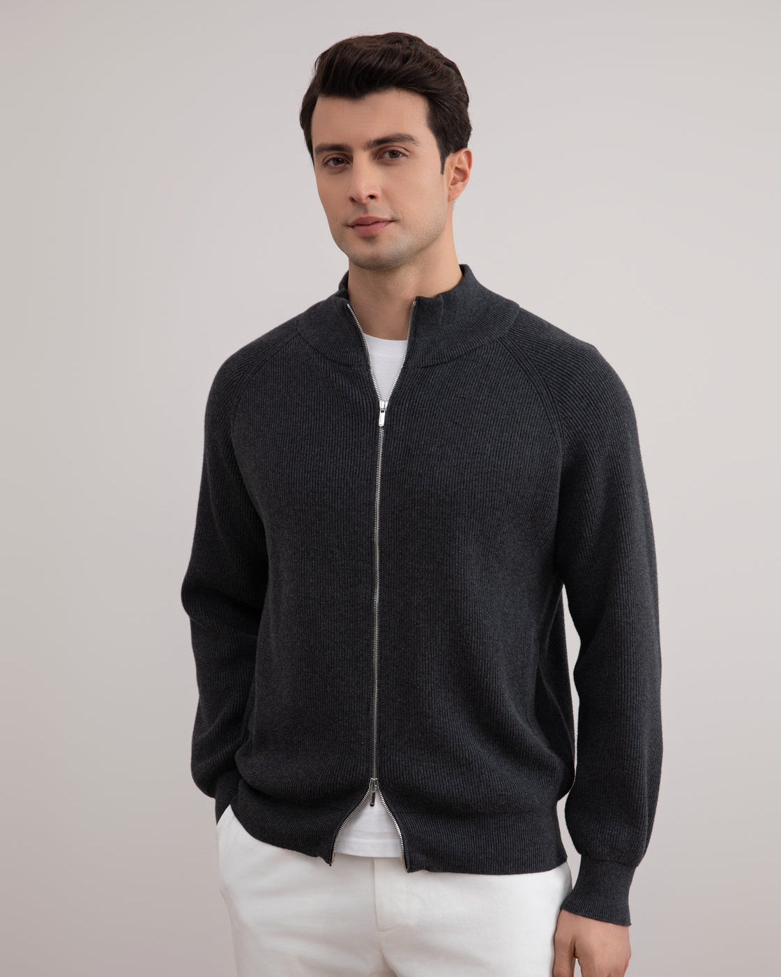 Mørkegrå Mélange English Rib Cardigan med fuld lynlås