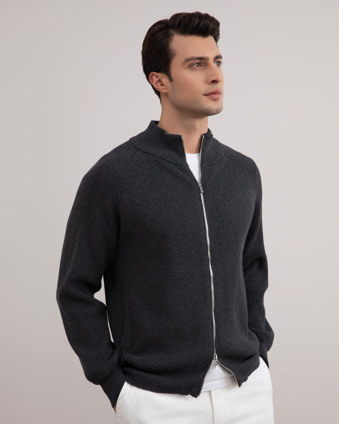 Mørkegrå Mélange English Rib Cardigan med fuld lynlås