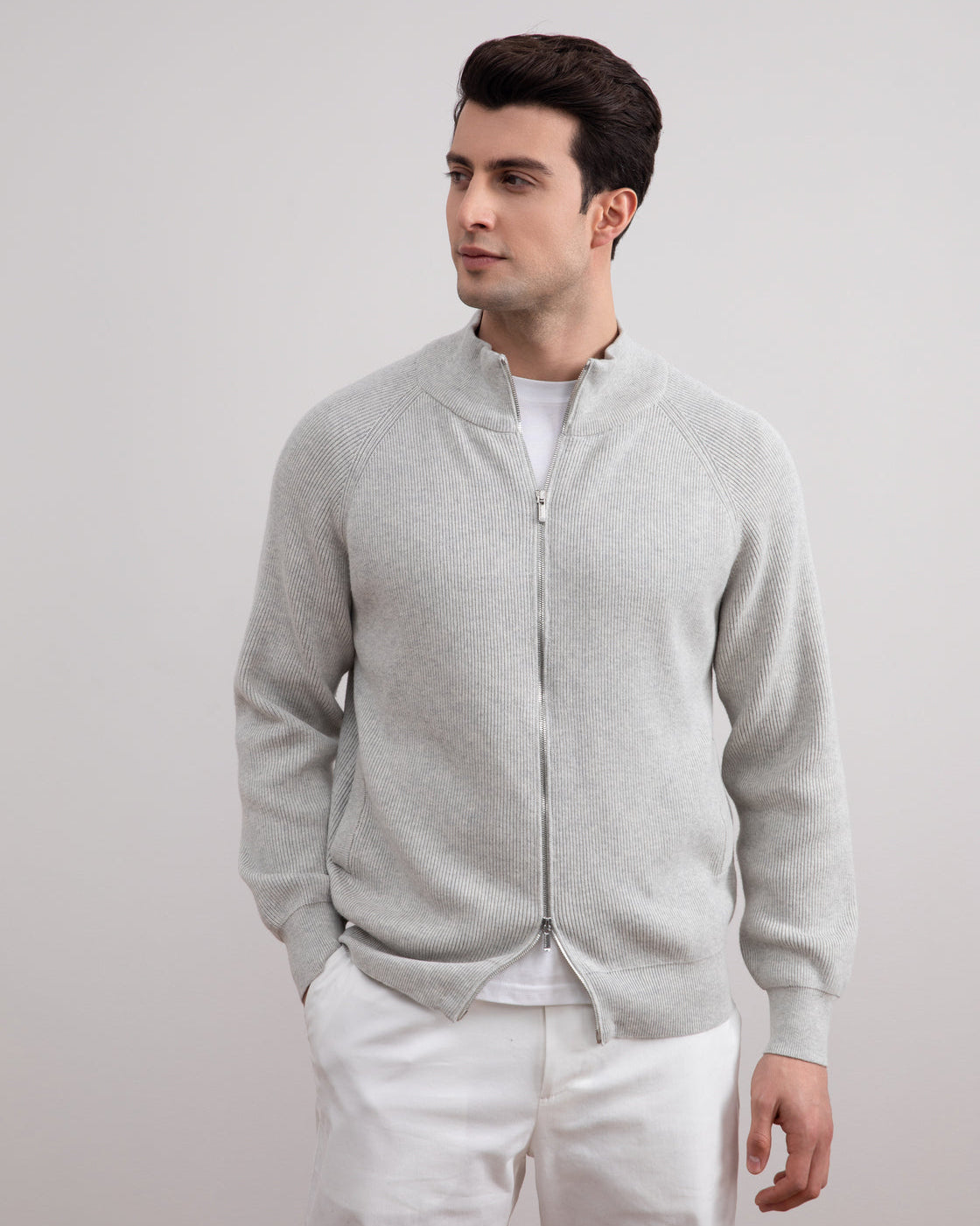 Grå Mélange English Rib Cardigan med fuld lynlås