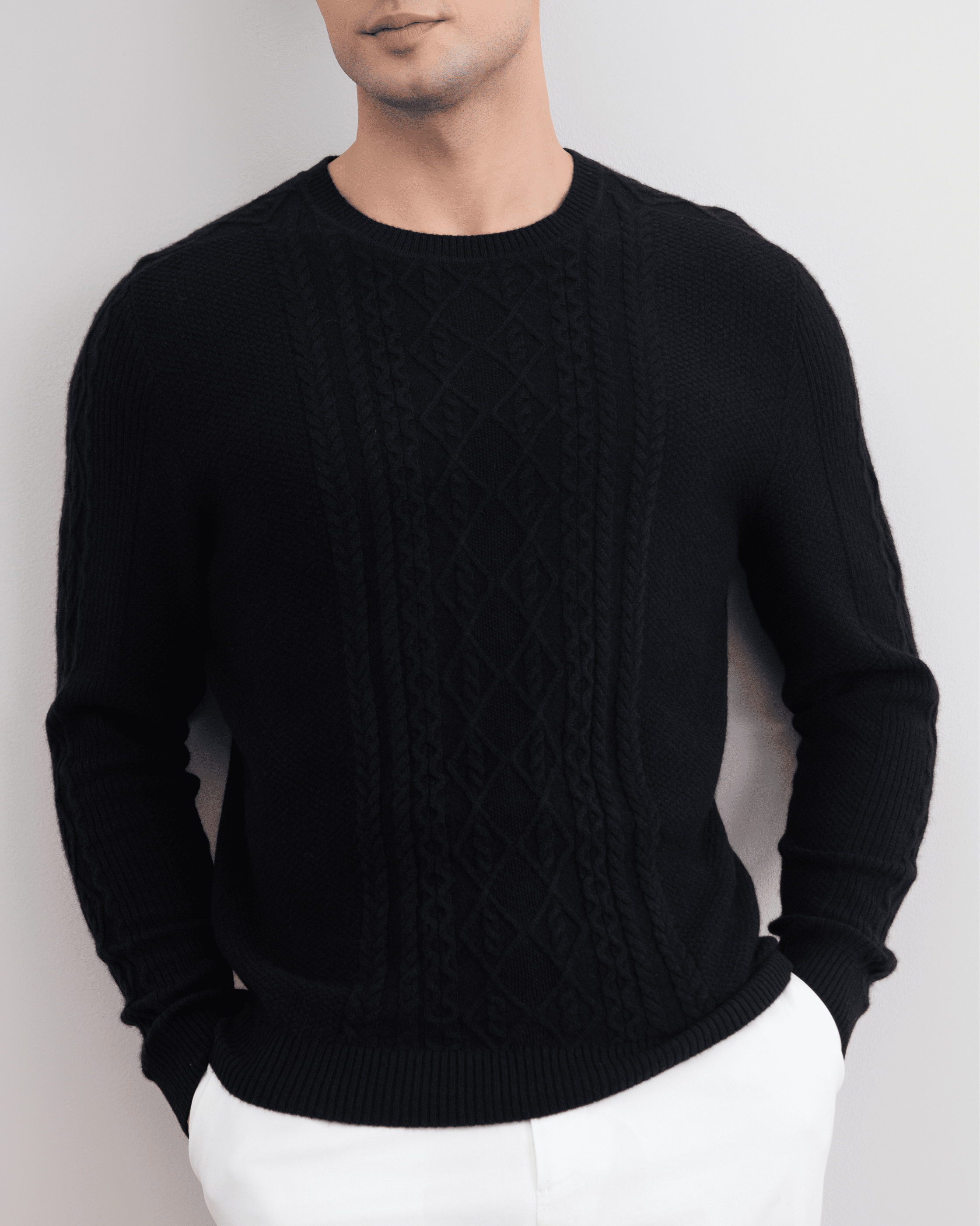 Sort kashmir kabelstrikket crewneck