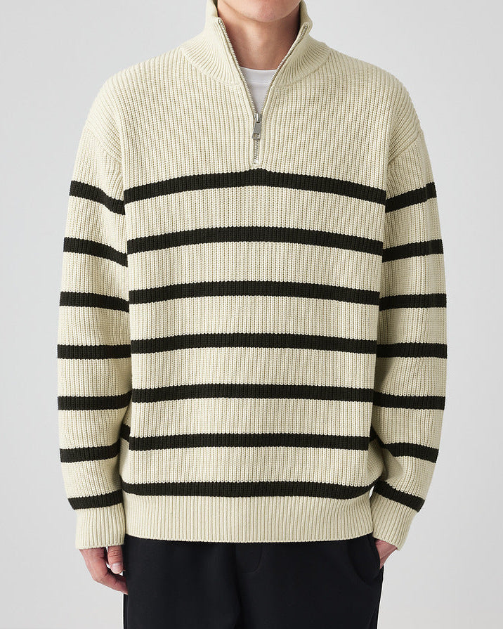 Momeike gestreifter Strickpullover mit halbem Reißverschluss