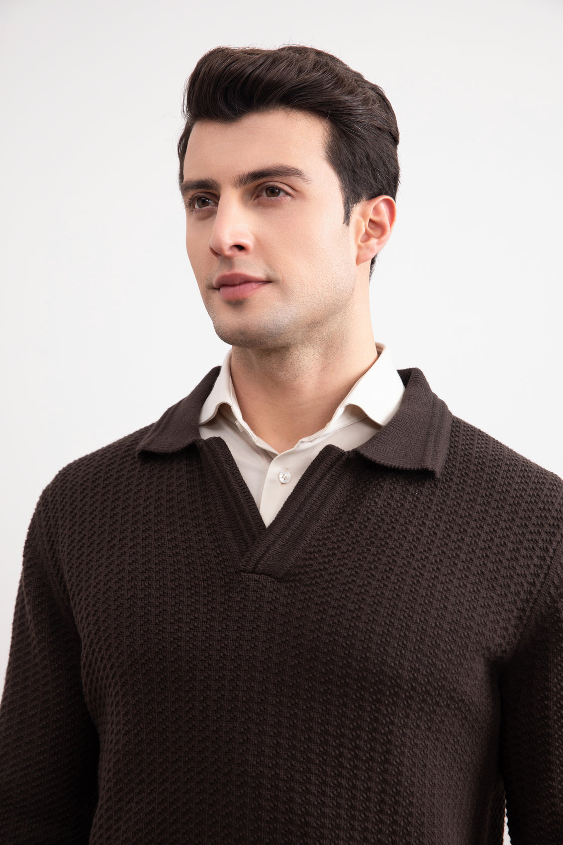 Jersey Polo Abierto Marrón Oscuro Texturizado