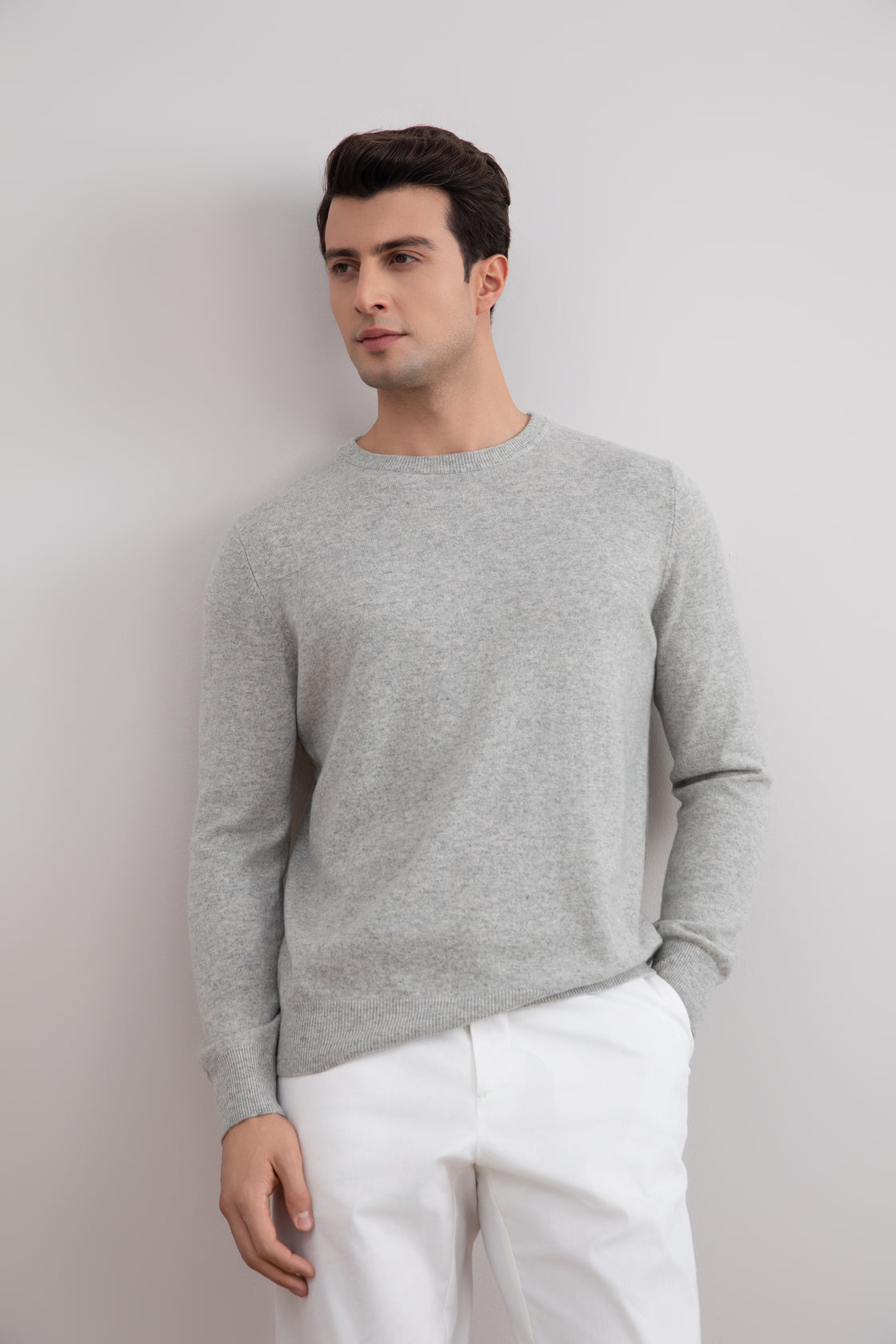 Gris Mélange Jersey ligero de cuello redondo