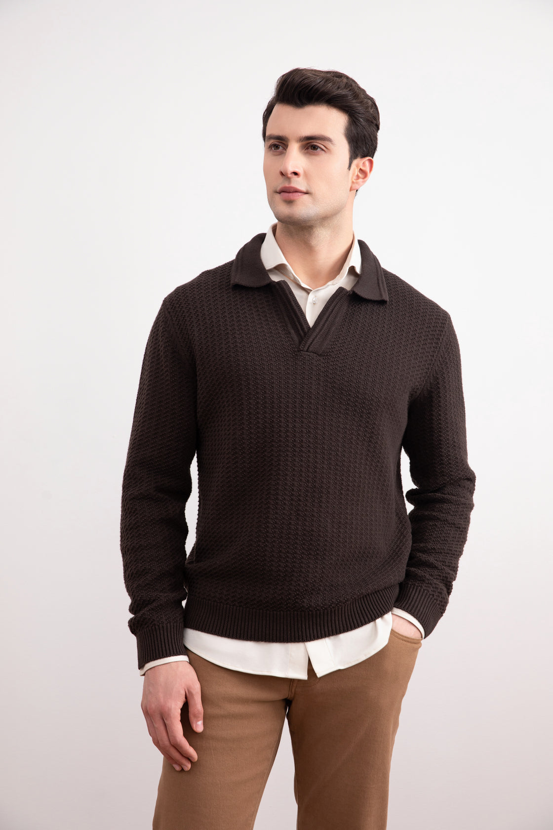 Jersey Polo Abierto Marrón Oscuro Texturizado