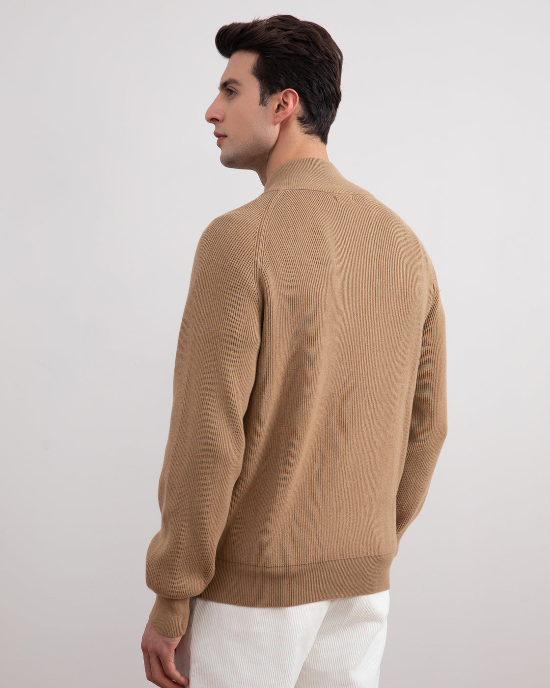 Tan English Rib Full Zip Cardigan