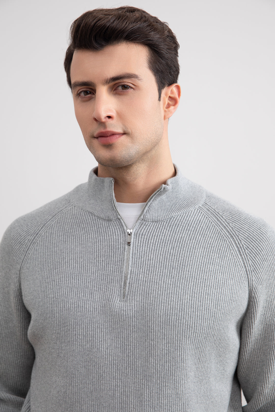 Harmaa Mélange English rib turtleneck pool-zip pusero, puoli vetoketjullinen villapaita