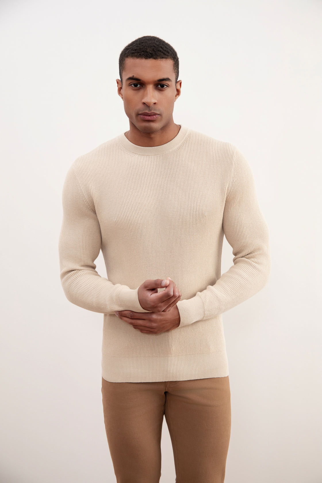 Beige Crewneck Malfilé English Rib villapaita